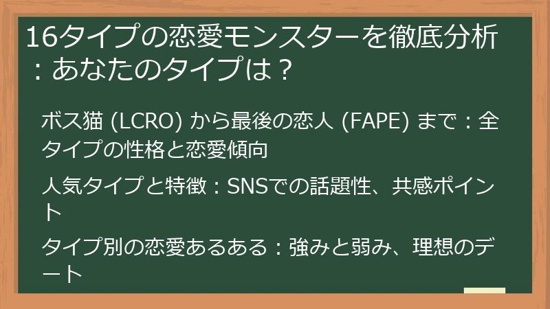 16タイプの恋愛モンスターを徹底分析：あなたのタイプは？