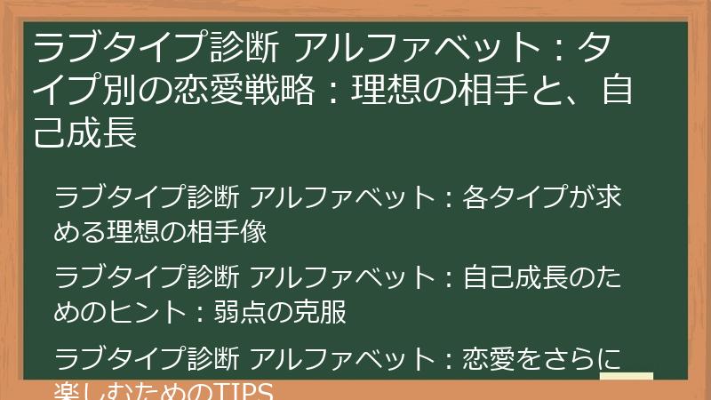 ラブタイプ診断 アルファベット：タイプ別の恋愛戦略：理想の相手と、自己成長