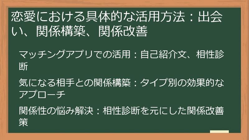 恋愛における具体的な活用方法：出会い、関係構築、関係改善