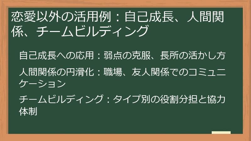恋愛以外の活用例：自己成長、人間関係、チームビルディング