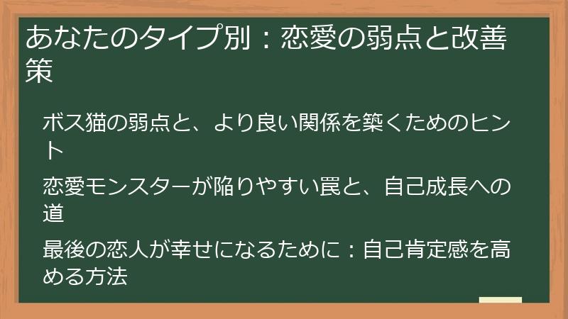 あなたのタイプ別:恋愛の弱点と改善策