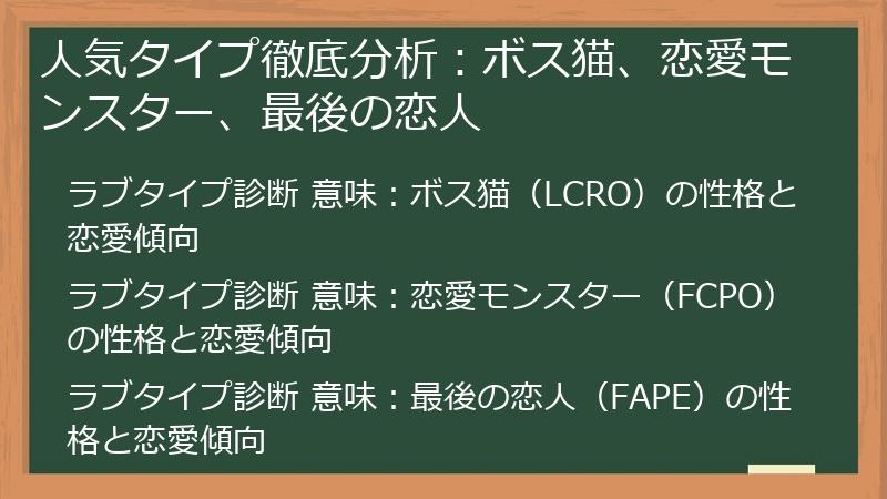 人気タイプ徹底分析：ボス猫、恋愛モンスター、最後の恋人