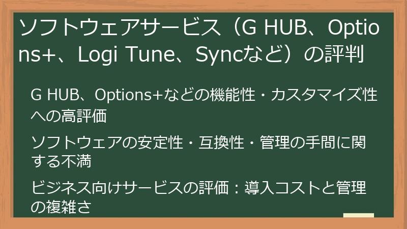 ソフトウェアサービス（G HUB、Options+、Logi Tune、Syncなど）の評判