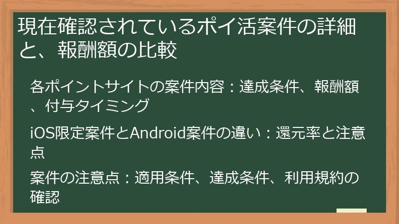 現在確認されているポイ活案件の詳細と、報酬額の比較