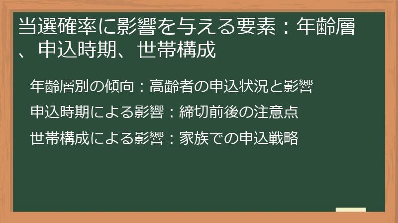 当選確率に影響を与える要素：年齢層、申込時期、世帯構成