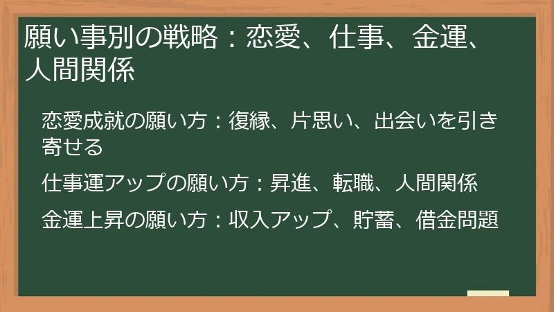 願い事別の戦略：恋愛、仕事、金運、人間関係