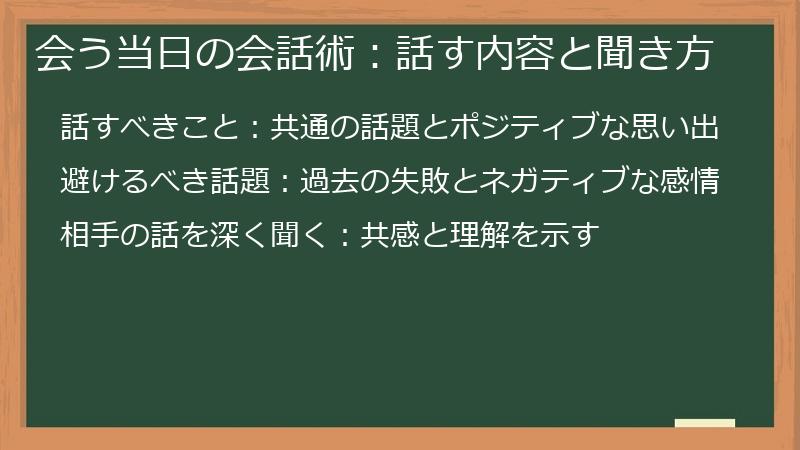 会う当日の会話術：話す内容と聞き方