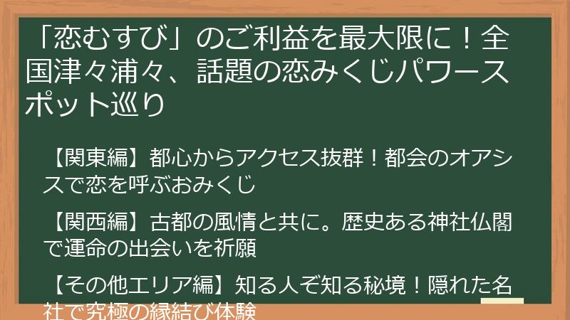 「恋むすび」のご利益を最大限に！全国津々浦々、話題の恋みくじパワースポット巡り