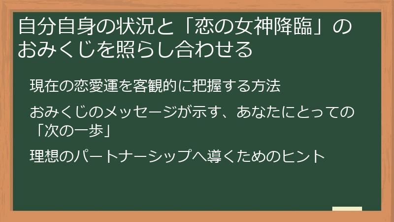 自分自身の状況と「恋の女神降臨」のおみくじを照らし合わせる