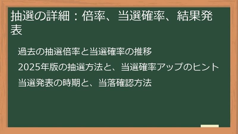 抽選の詳細：倍率、当選確率、結果発表