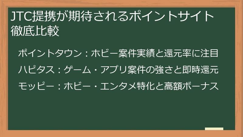 JTC提携が期待されるポイントサイト徹底比較