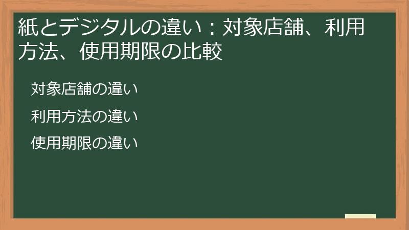 紙とデジタルの違い：対象店舗、利用方法、使用期限の比較