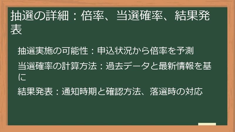 抽選の詳細：倍率、当選確率、結果発表