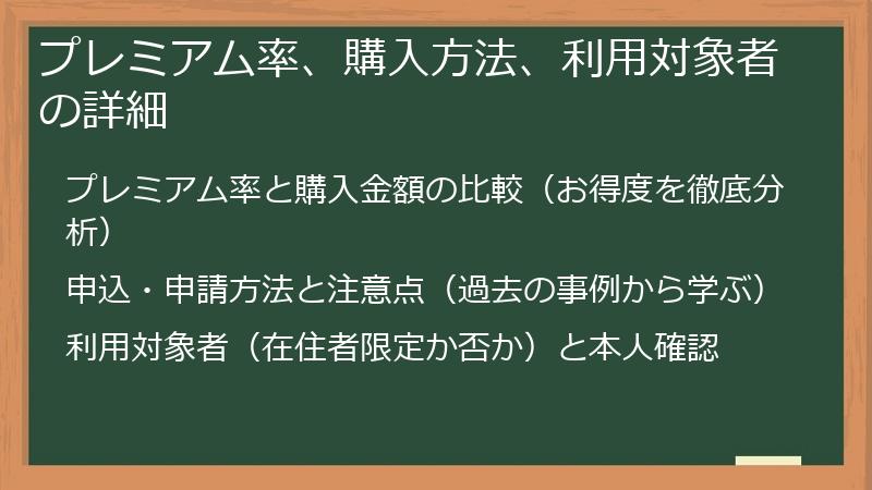 プレミアム率、購入方法、利用対象者の詳細