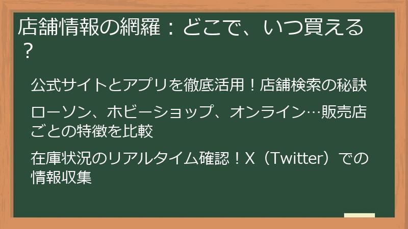 店舗情報の網羅:どこで、いつ買える?