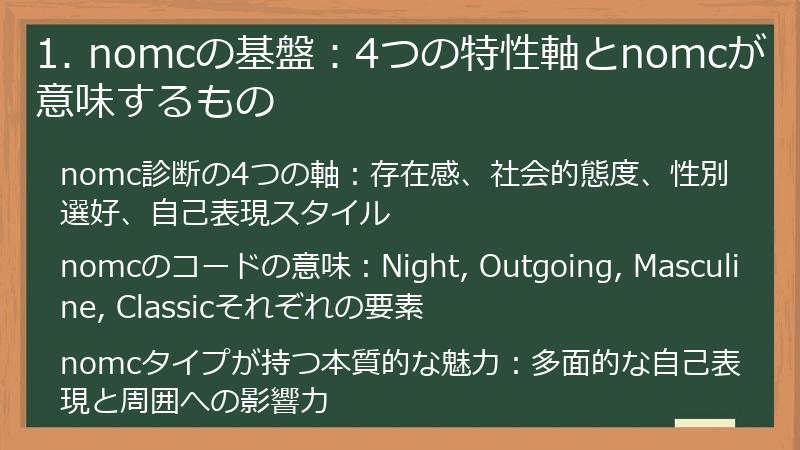 1. nomcの基盤:4つの特性軸とnomcが意味するもの