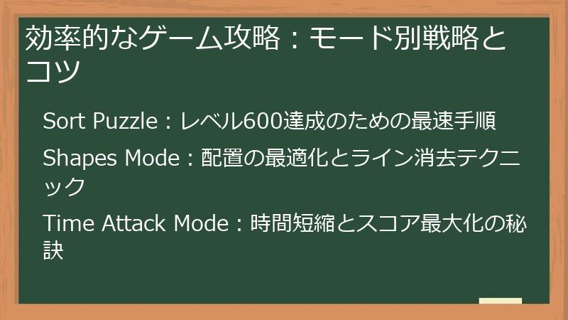 効率的なゲーム攻略：モード別戦略とコツ