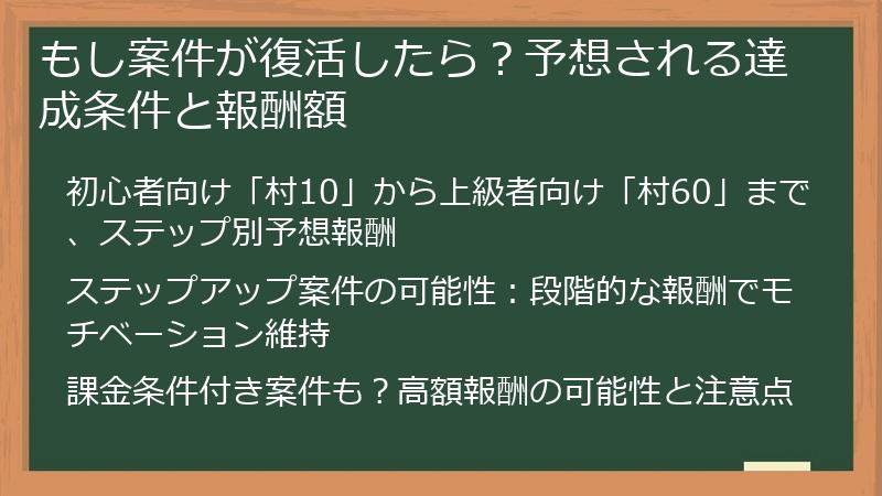 もし案件が復活したら？予想される達成条件と報酬額