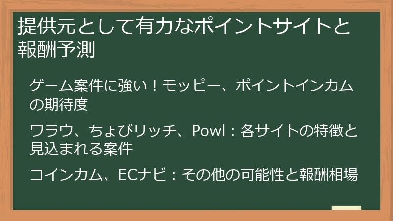 提供元として有力なポイントサイトと報酬予測