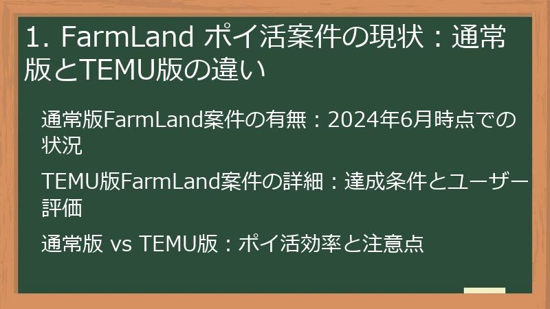1. FarmLand ポイ活案件の現状：通常版とTEMU版の違い