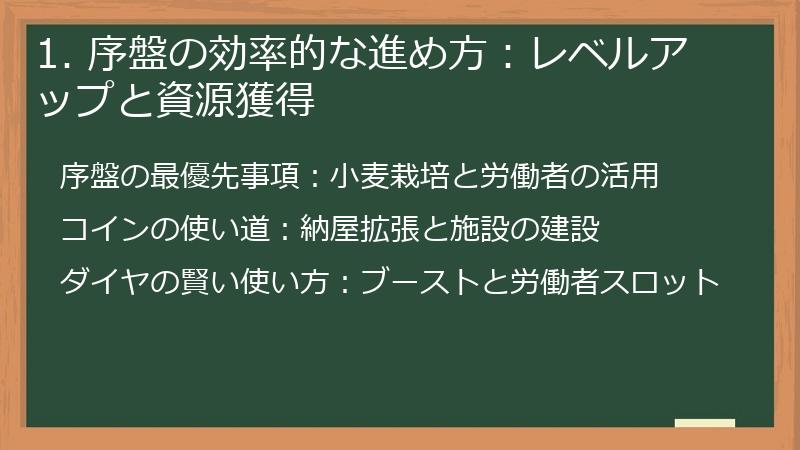 1. 序盤の効率的な進め方：レベルアップと資源獲得