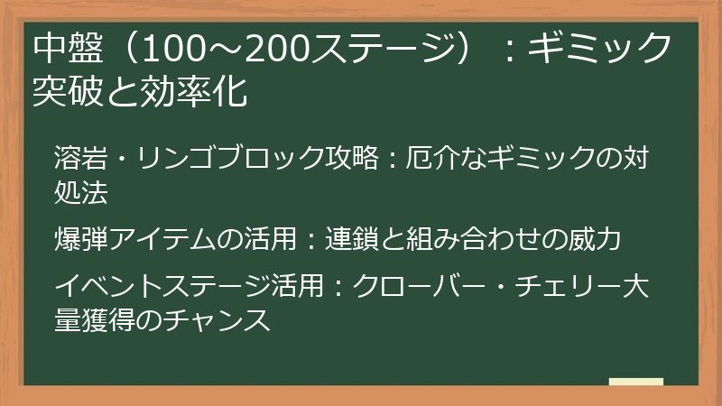 中盤（100〜200ステージ）：ギミック突破と効率化