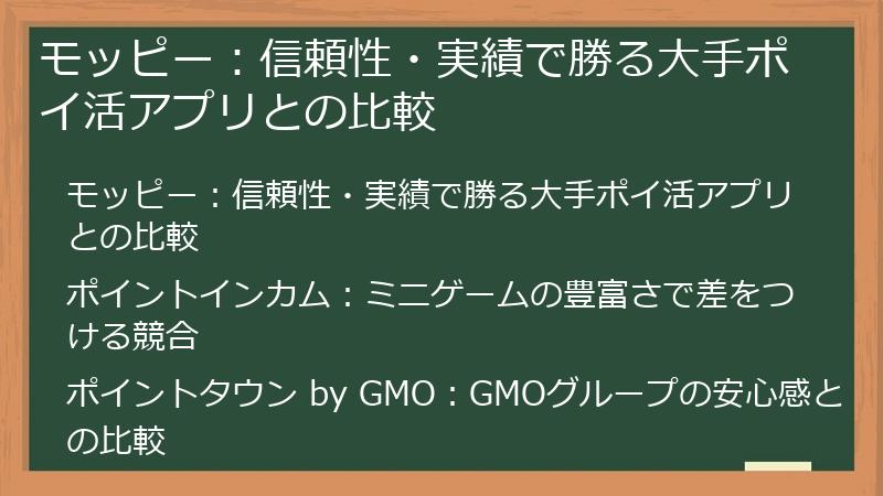 モッピー：信頼性・実績で勝る大手ポイ活アプリとの比較