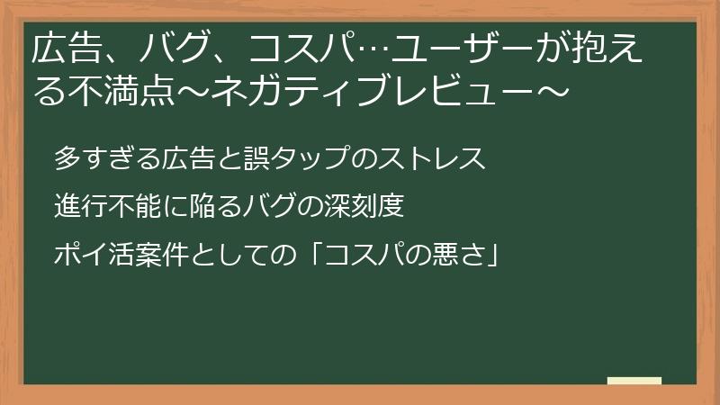 広告、バグ、コスパ…ユーザーが抱える不満点～ネガティブレビュー～