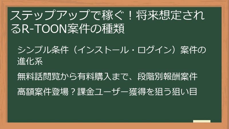 ステップアップで稼ぐ！将来想定されるR-TOON案件の種類