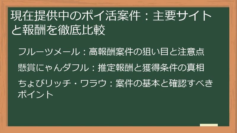 現在提供中のポイ活案件：主要サイトと報酬を徹底比較