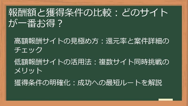 報酬額と獲得条件の比較：どのサイトが一番お得？