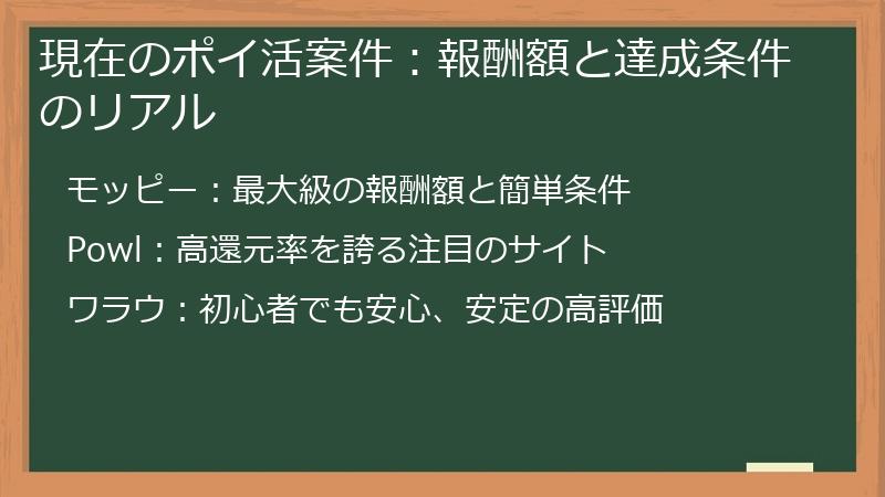 現在のポイ活案件：報酬額と達成条件のリアル