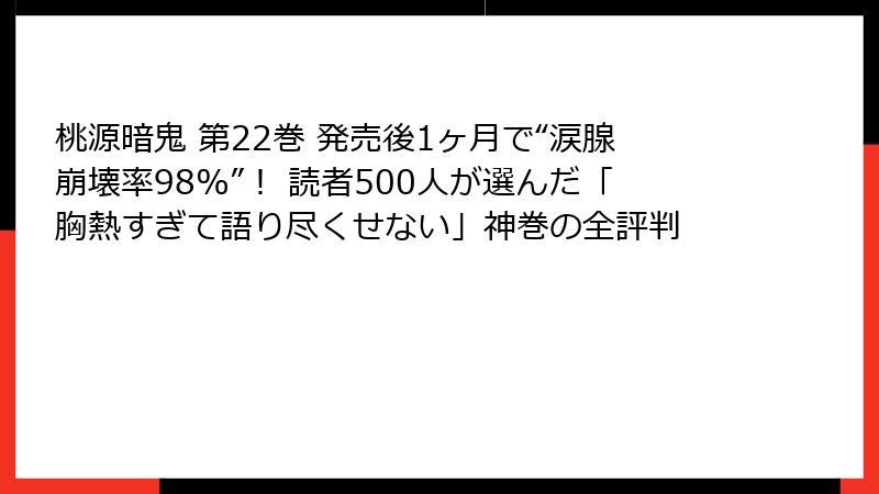 桃源暗鬼 第22巻 発売後1ヶ月で“涙腺崩壊率98%”！ 読者500人が選んだ「胸熱すぎて語り尽くせない」神巻の全評判