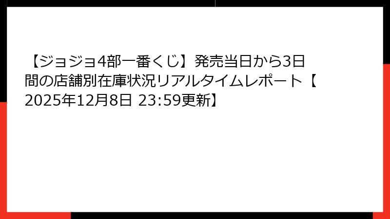 【ジョジョ4部一番くじ】発売当日から3日間の店舗別在庫状況リアルタイムレポート【2025年12月8日 23:59更新】