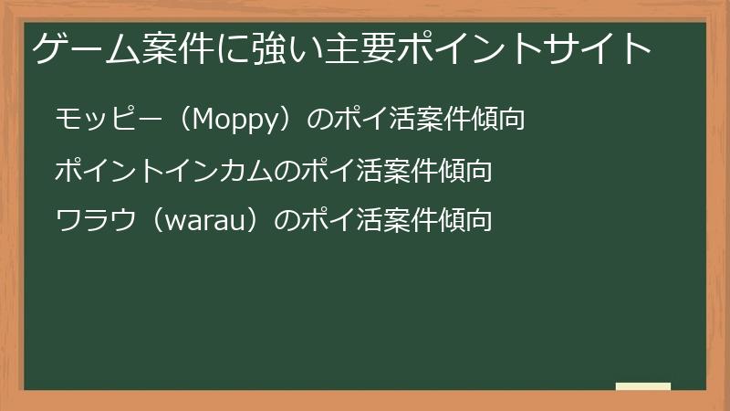 ゲーム案件に強い主要ポイントサイト