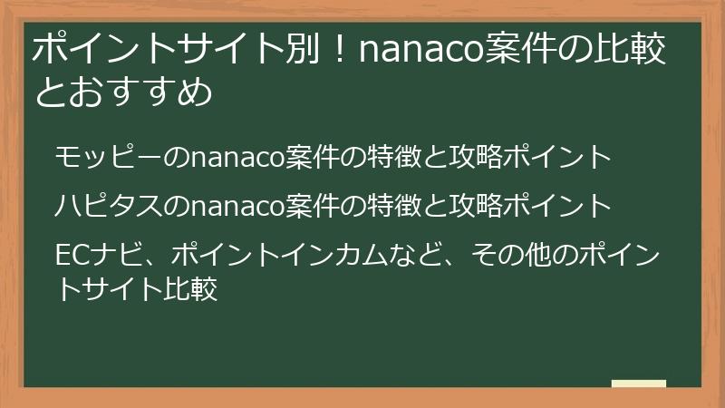 ポイントサイト別！nanaco案件の比較とおすすめ