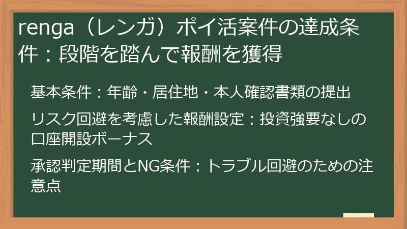 renga（レンガ）ポイ活案件の達成条件：段階を踏んで報酬を獲得