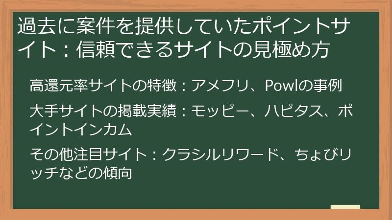 過去に案件を提供していたポイントサイト：信頼できるサイトの見極め方