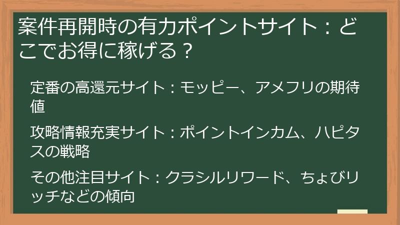 案件再開時の有力ポイントサイト：どこでお得に稼げる？