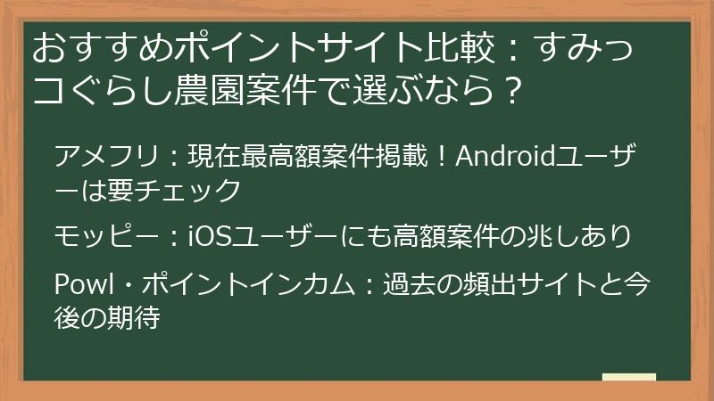 おすすめポイントサイト比較：すみっコぐらし農園案件で選ぶなら？