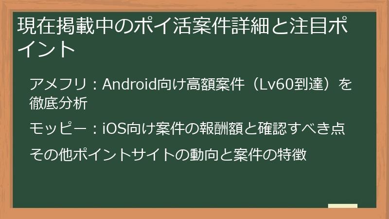 現在掲載中のポイ活案件詳細と注目ポイント