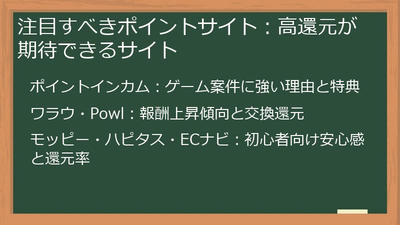 注目すべきポイントサイト：高還元が期待できるサイト