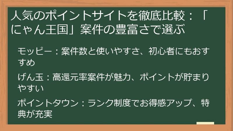人気のポイントサイトを徹底比較：「にゃん王国」案件の豊富さで選ぶ