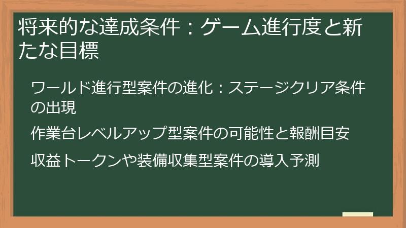将来的な達成条件：ゲーム進行度と新たな目標