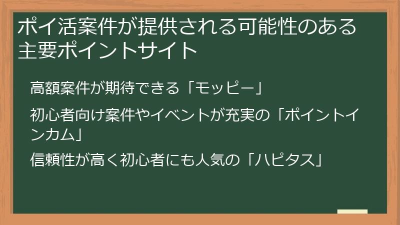 ポイ活案件が提供される可能性のある主要ポイントサイト