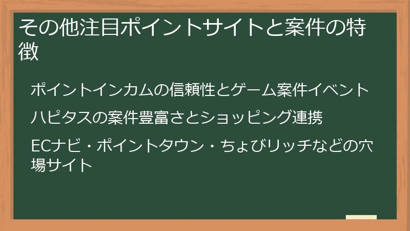 その他注目ポイントサイトと案件の特徴