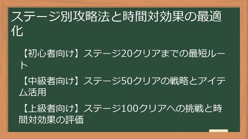ステージ別攻略法と時間対効果の最適化
