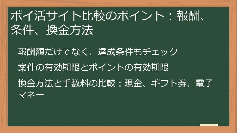ポイ活サイト比較のポイント：報酬、条件、換金方法