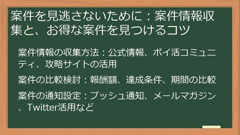案件を見逃さないために：案件情報収集と、お得な案件を見つけるコツ