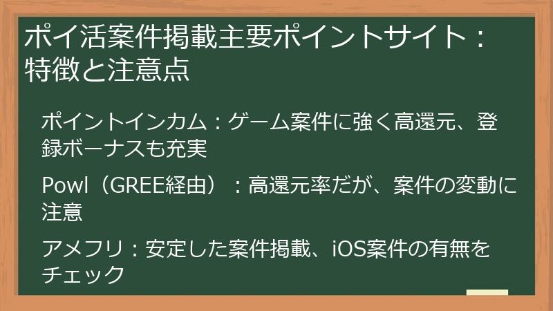 ポイ活案件掲載主要ポイントサイト：特徴と注意点